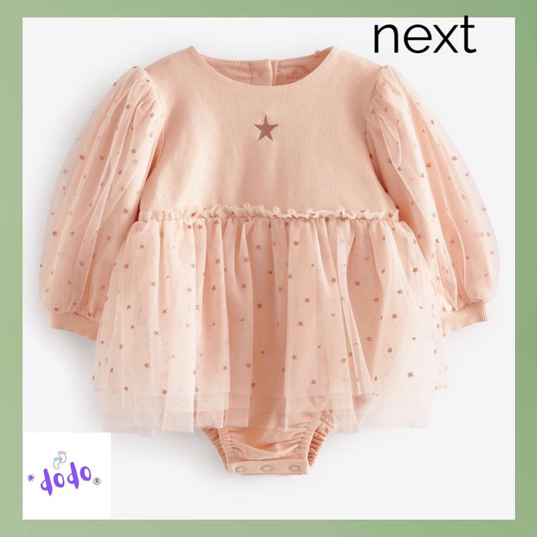 Pink Mesh Glitter Star romper with Embroidery.