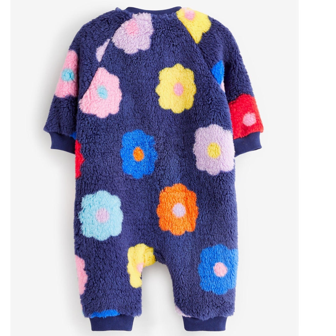 Navy Floral Fleece Footless Zip Romper.