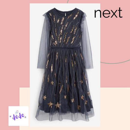 Navy Blue Sparkle Embroidered Occasion Dress