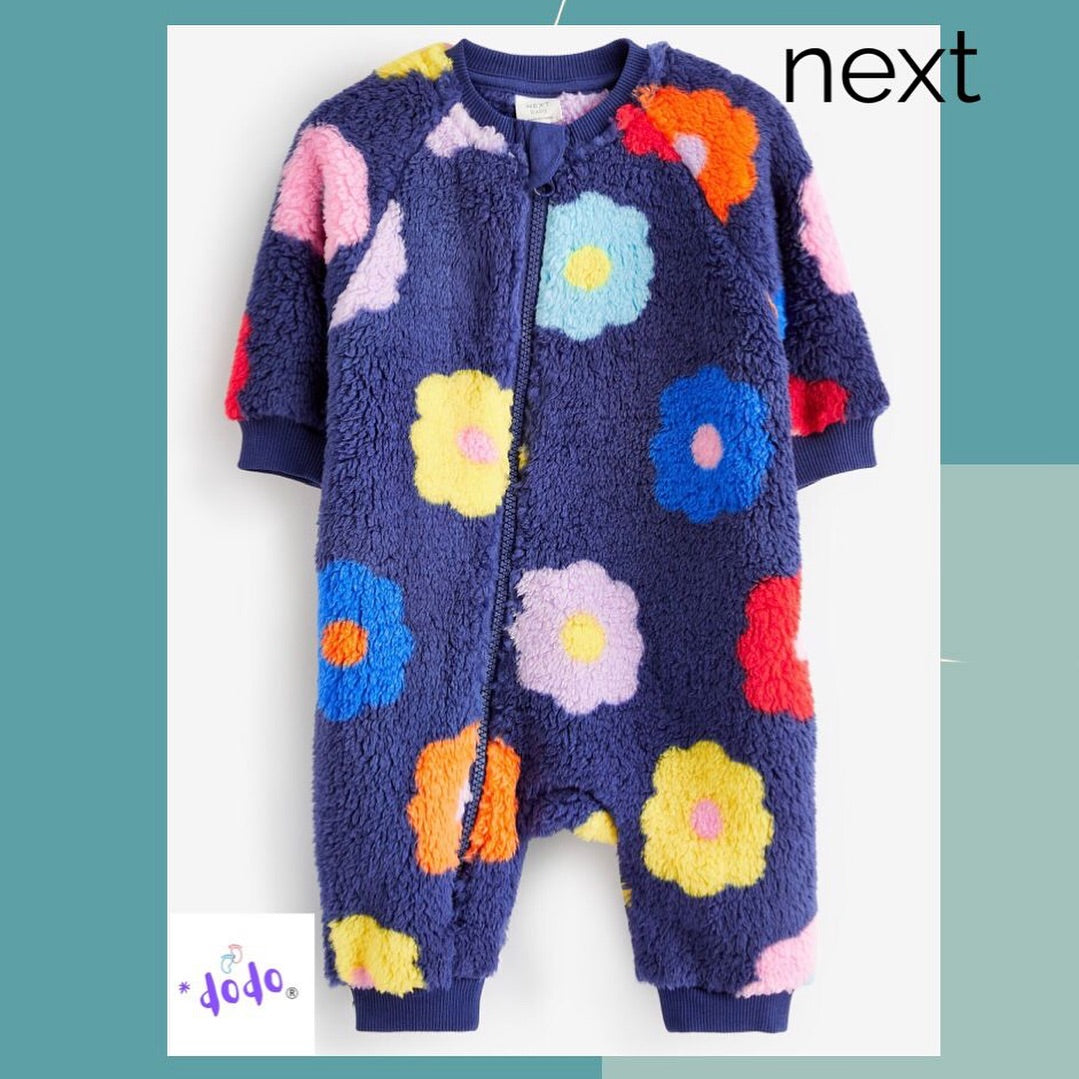 Navy Floral Fleece Footless Zip Romper.