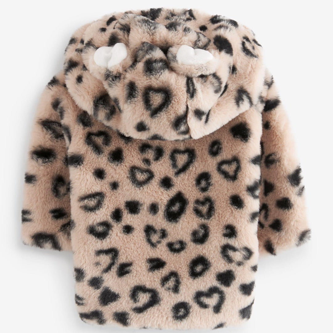 Black, Brown Leopard Hooded Ear Fur Jacket.