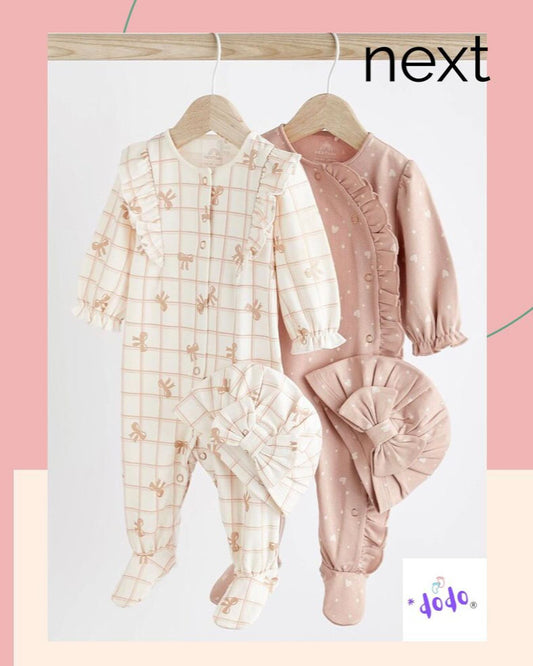 Pink/ Cream Frilled Sleep suit with matching Turban Hats Set