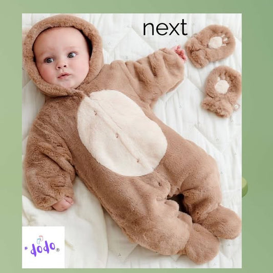 Brown Fleece hooded Pram suit with detachable Mitts.