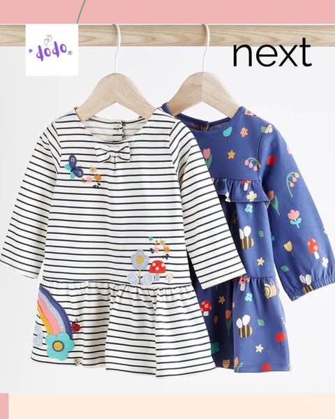 Navy Stripe Character Frill Appliqués Dresses 2 Pack