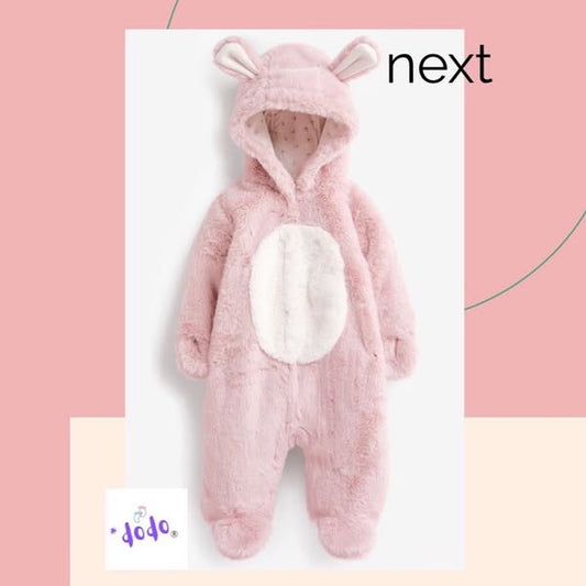 Pink Bunny Fleece Hooded Pramsuit with detachable mitts