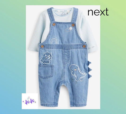 Blue Dino Appliqué Dungarees & Bodysuit Set- Lined