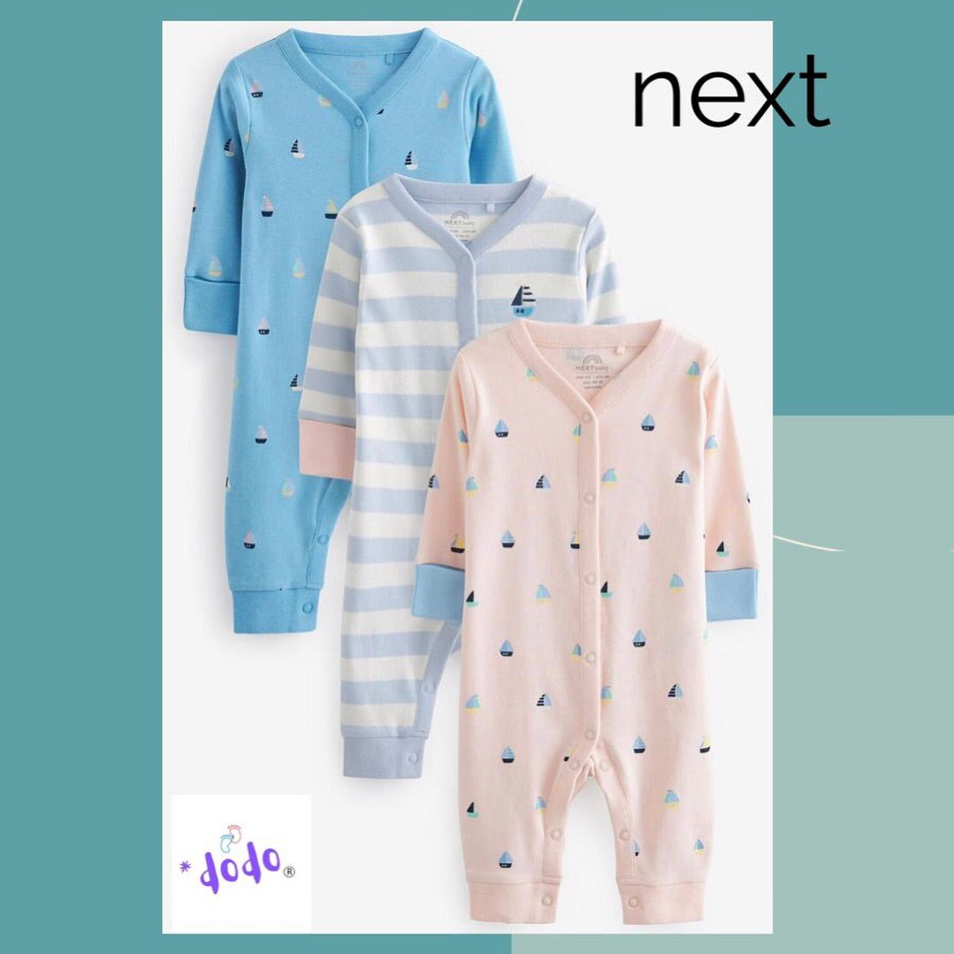 Pale Blue Appliqué Footless Sleepsuit 3 Pack Set