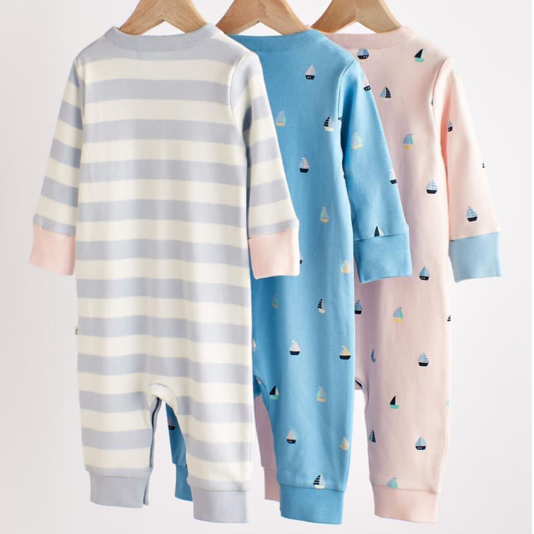 Pale Blue Appliqué Footless Sleepsuit 3 Pack Set