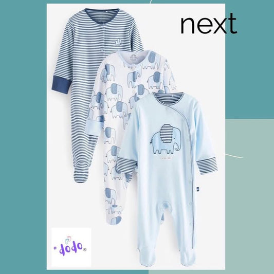 Pale Blue Elephant Appliqués Sleepsuit 3 Pack Set