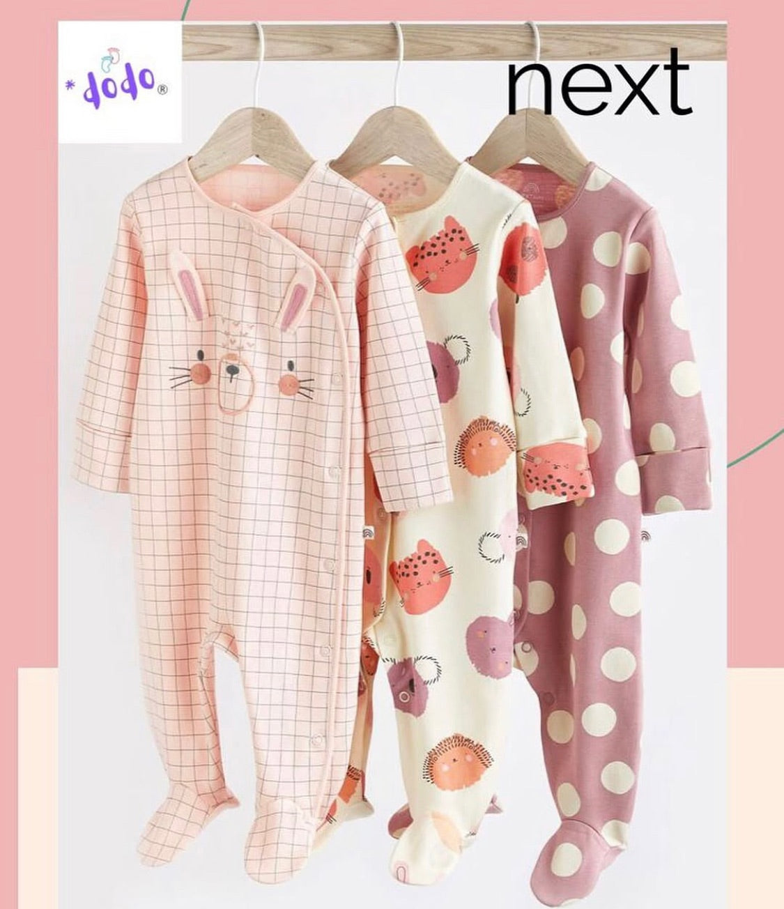 Pink Bunny Appliqué Sleep suit 3 Pack