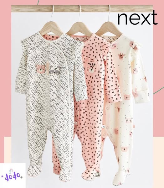 White/Pink Appliqués Frilled Sleep suit 3 Pack