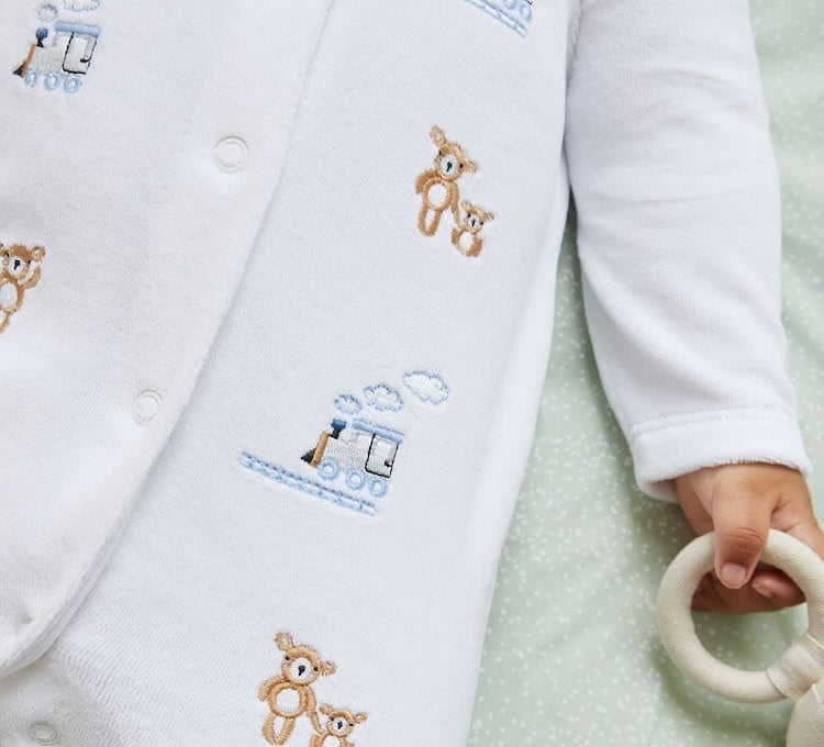 White Embroidered Velour Sleepsuit