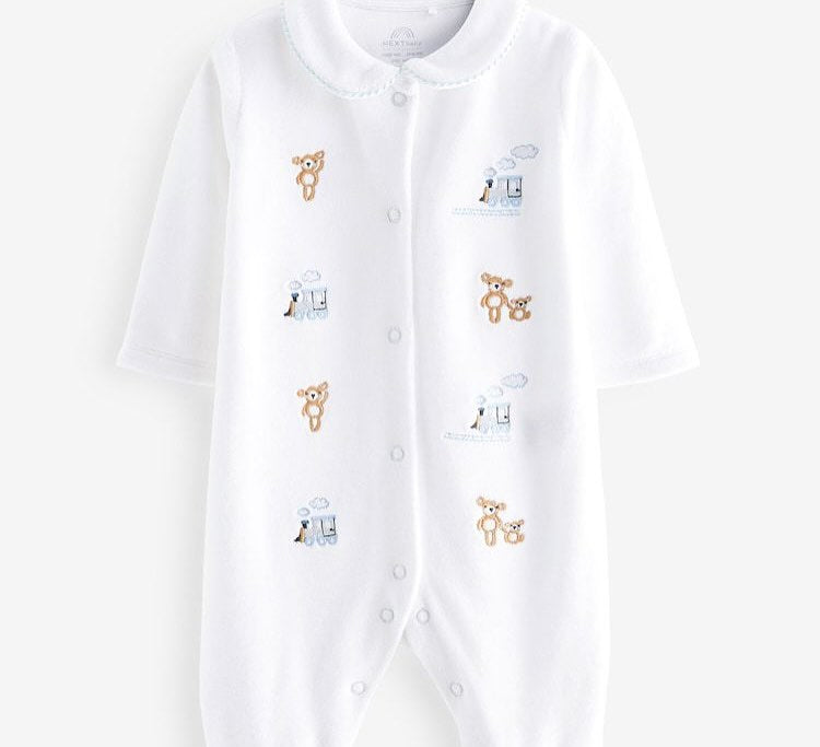 White Embroidered Velour Sleepsuit