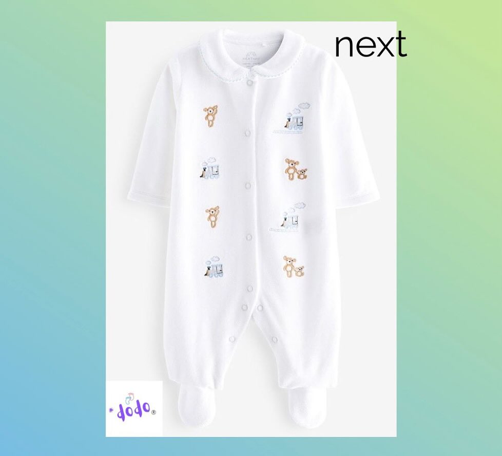 White Embroidered Velour Sleepsuit