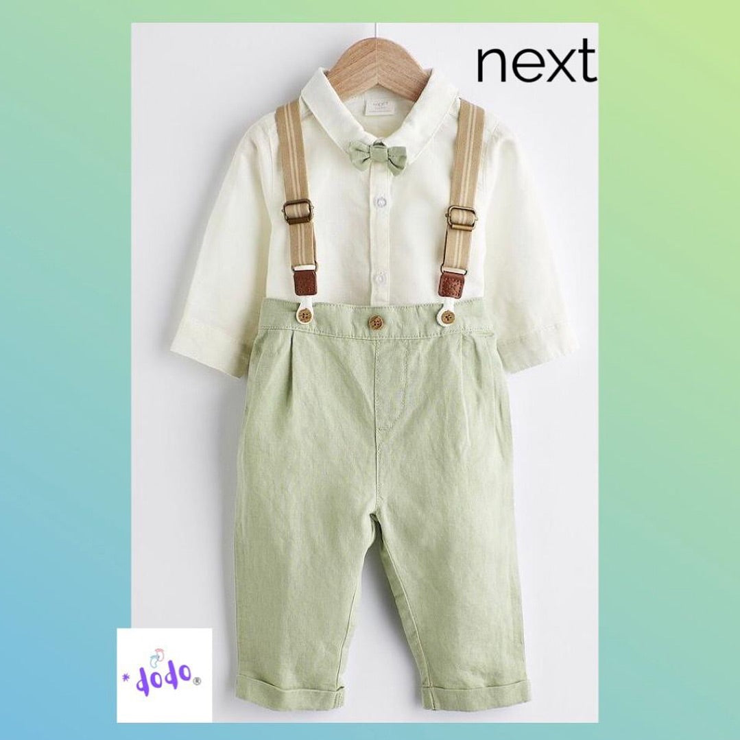 Green Trousers, Bodysuit, Braces with Bow Smart Occasion wear 4 Pc Set