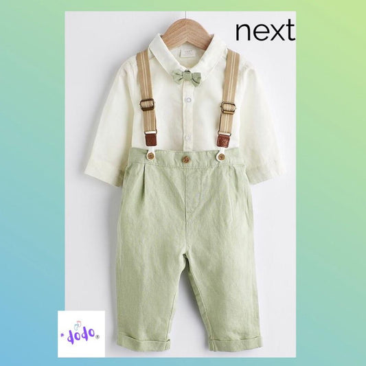 Green Trousers, Bodysuit, Braces with Bow Smart Occasion wear 4 Pc Set