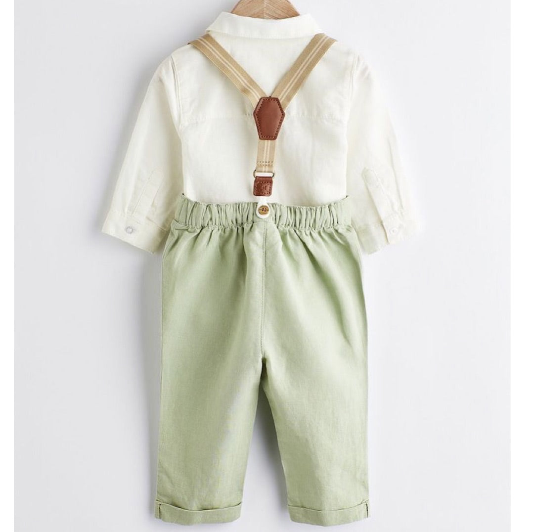 Green Trousers, Bodysuit, Braces with Bow Smart Occasion wear 4 Pc Set