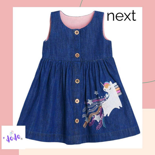 Mid Blue Unicorn Embroidered , Buttoned Dress