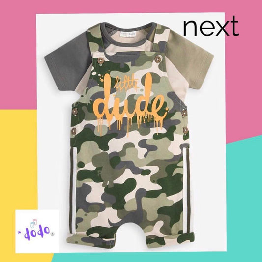 Camouflage Printed, Striped Buttoned Dungaree &  Bodysuit Set