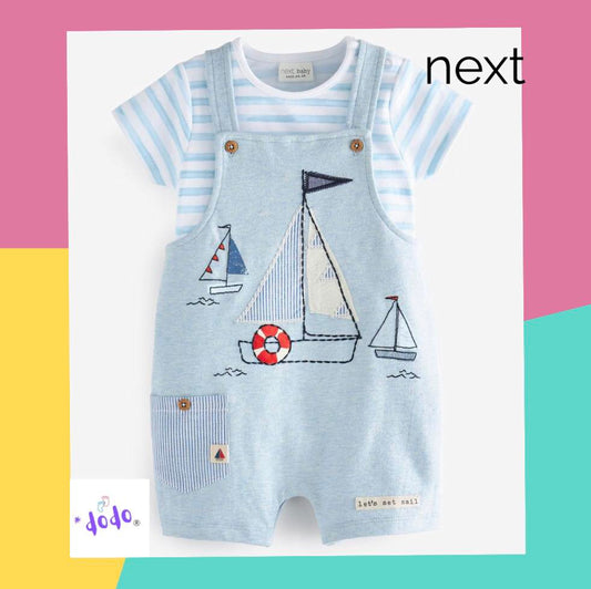 Blue Appliqué Boat Dungarees & Bodysuit Set