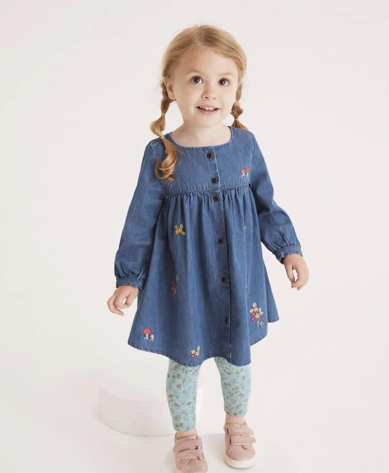 Blue Denim Embroidered Dress & Leggings Set