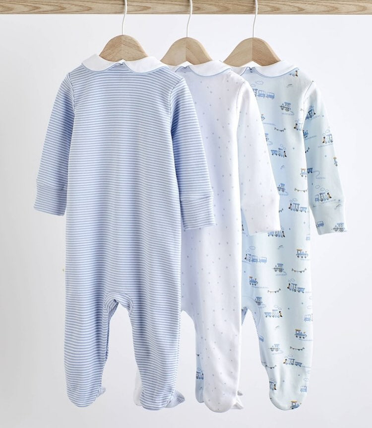 White/Blue Collared Sleepsuit 3 Pack