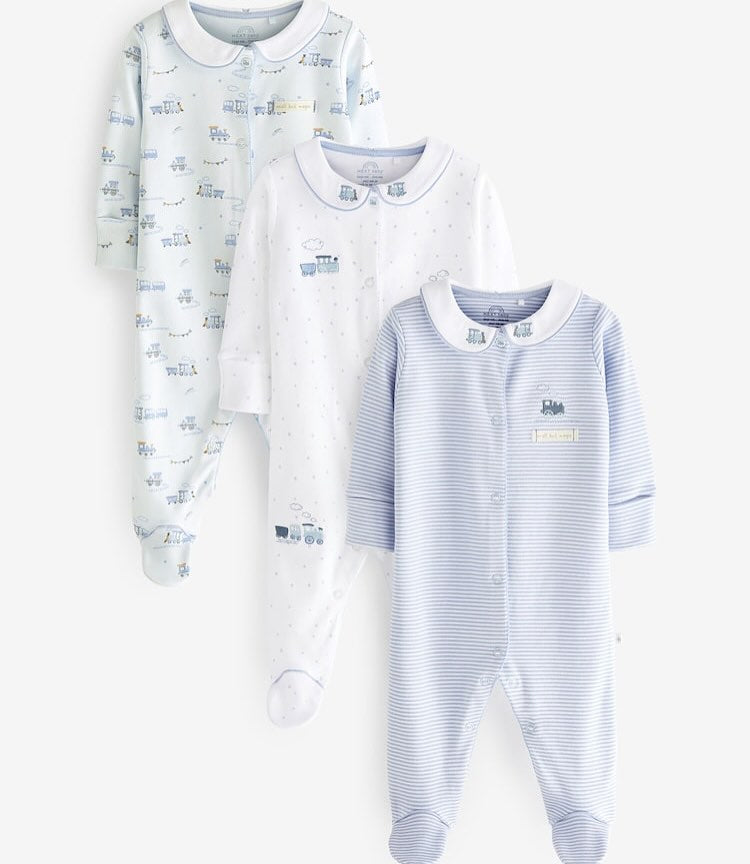 White/Blue Collared Sleepsuit 3 Pack