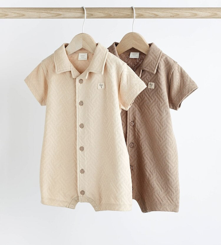 Neutral Textured Collared Romper 2 Pack Set