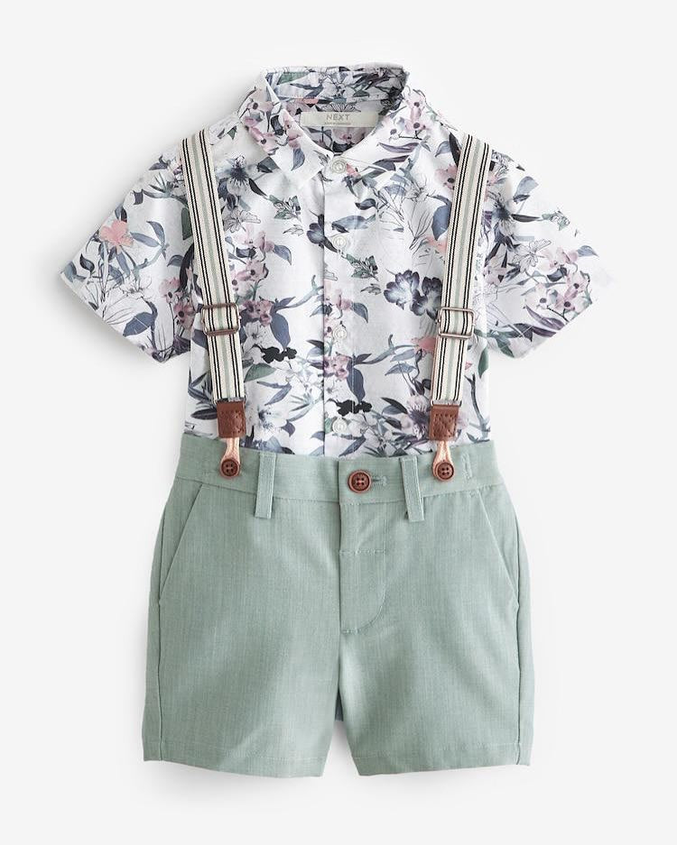 Blue Floral Shirt, Shorts with Braces Set