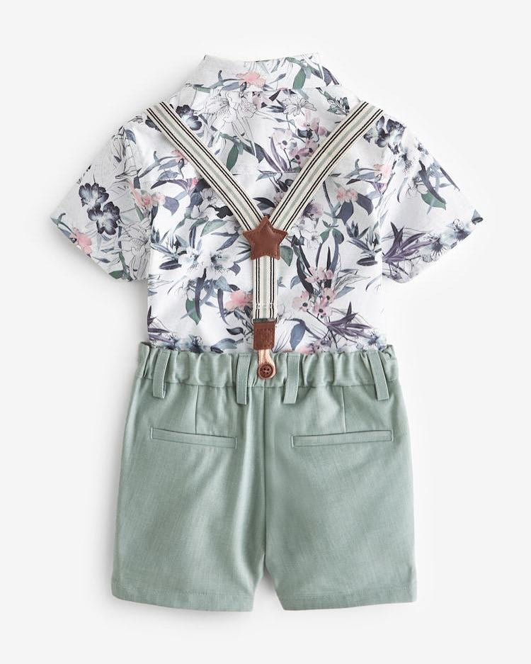 Blue Floral Shirt, Shorts with Braces Set