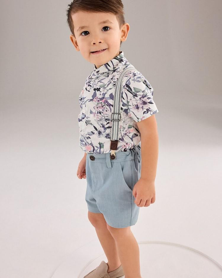 Blue Floral Shirt, Shorts with Braces Set