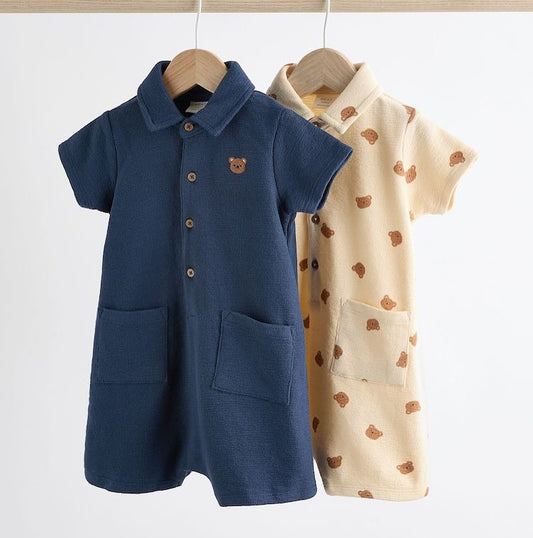 Navy/ Cream Bear Collared Rompers 2 Pack Set