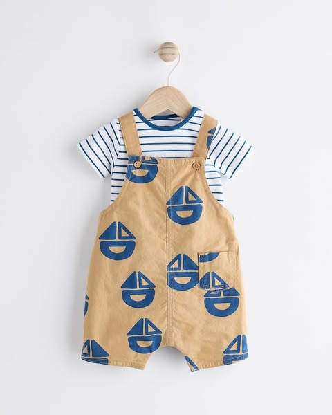 Brown/ Navy Boat Dungarees & Bodysuit Set