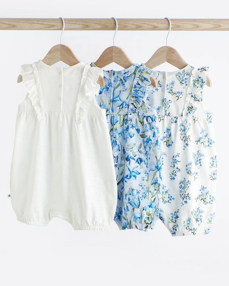 Blue/White Floral Frilled Rompers 3 Pack