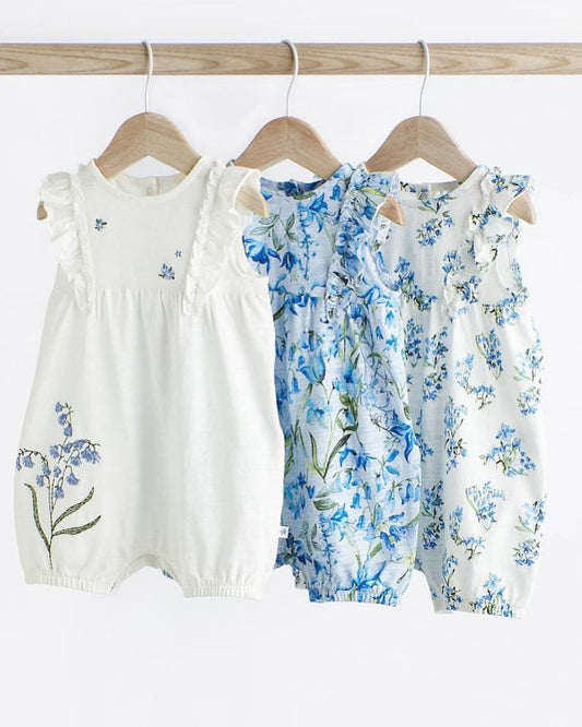 Blue/White Floral Frilled Rompers 3 Pack