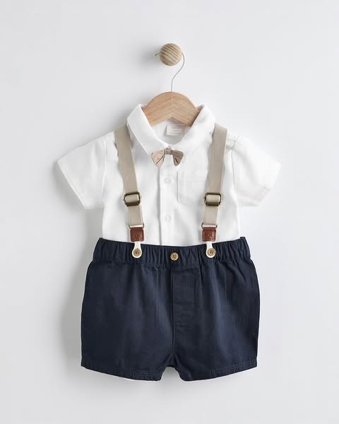 Navy Blue Shorts, Bodysuit, Braces & Bow Tie Set