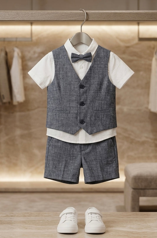 Navy Cotton/Linen Blend Waistcoat, Shirt, Short & Bow Tie Set