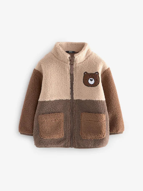 Brown Colourblock Fleece Zip Through Jacket