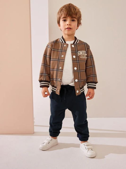 Tan Brown Check 2 Piece Jersey Check Bomber and Jogger Set