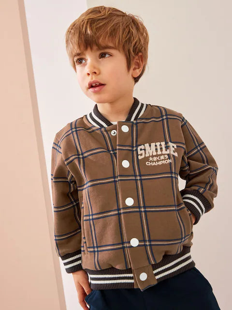 Tan Brown Check 2 Piece Jersey Check Bomber and Jogger Set