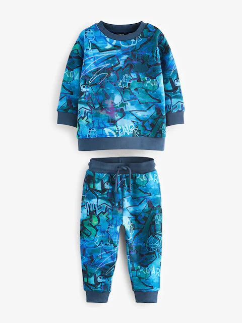 Blue Graffiti All-Over Print Crew Neck Sweatshirt and Joggers Set