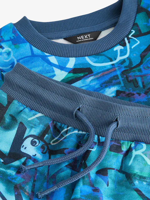 Blue Graffiti All-Over Print Crew Neck Sweatshirt and Joggers Set