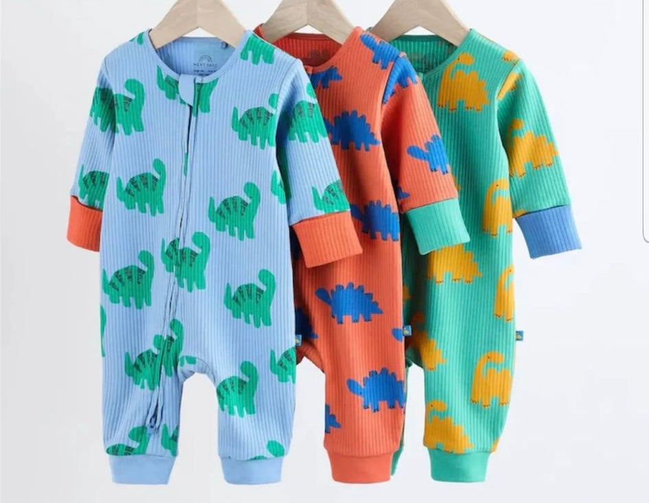 Blue/Green,Orange Dino pack of 3 Sleepsuit.