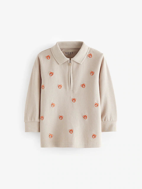 Neutral Bears Long Sleeve Quarter Zip 100% Cotton Polo