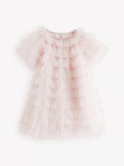 Shell Pink Sparkle Ruffle Mesh Dress