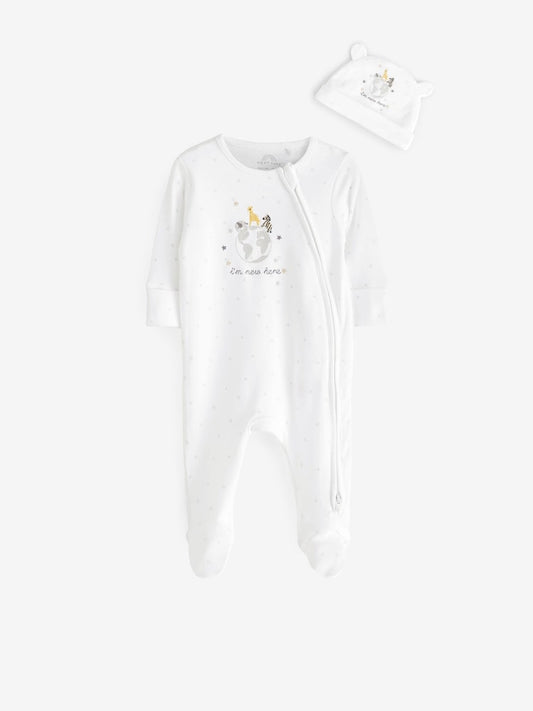 White im new here zip Sleepsuit and Hat set.