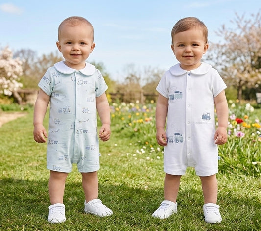 Blue/ White Appliqué Train Collared Rompers 2 Pack Set
