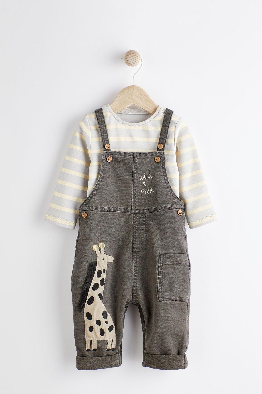 Charcoal Grey Appliqué Dungarees & Bodysuit Set- Lined