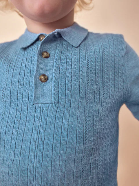 Blue Long Sleeve Cable Polo Shirt