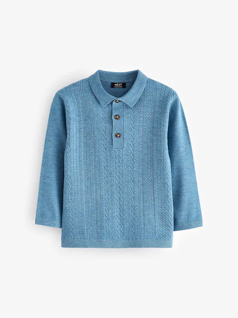 Blue Long Sleeve Cable Polo Shirt